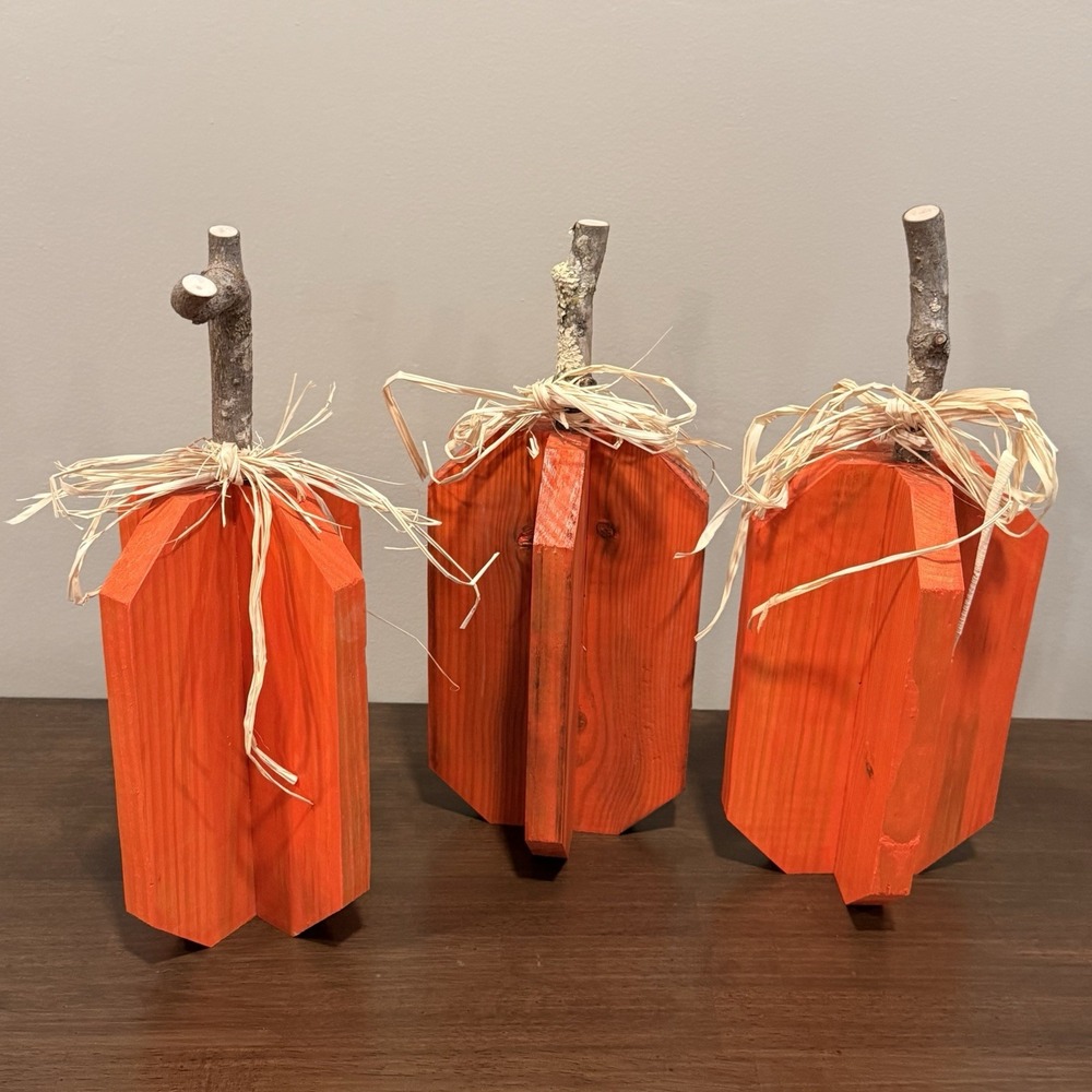 Handmade Wooden Pumpkins Set of 3 Rustic Fall Harvest Farmhouse Decor Orange